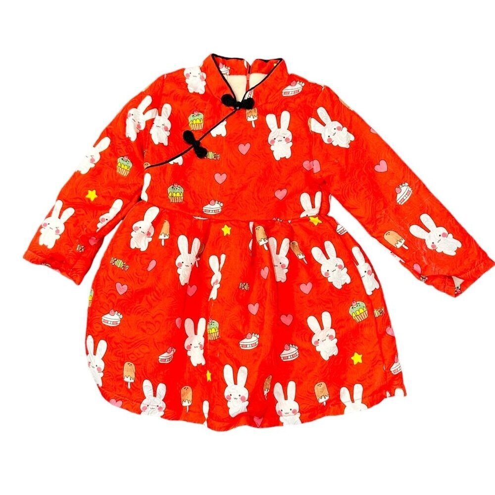 Red Bunny Print Girls Padded Dress Black Frog Closures Food Graphic Warm Lined